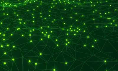 3D abstract green grid particle network.