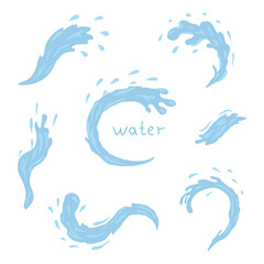 Water and drop icons. Blue waves and water splashes set