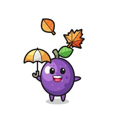 cartoon of the cute passion fruit holding an umbrella in autumn