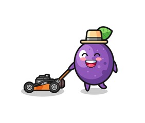 illustration of the passion fruit character using lawn mower