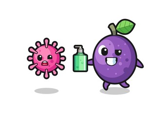 illustration of passion fruit character chasing evil virus with hand sanitizer