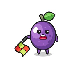 passion fruit character as line judge hold the flag down at a 45 degree angle