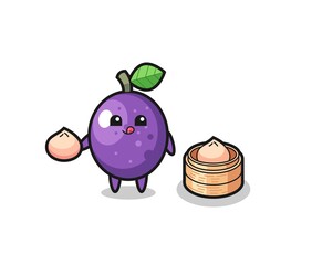 cute passion fruit character eating steamed buns