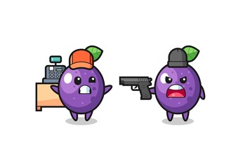 illustration of the cute passion fruit as a cashier is pointed a gun by a robber