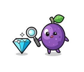 passion fruit mascot is checking the authenticity of a diamond