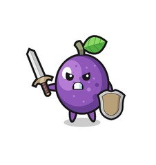 cute passion fruit soldier fighting with sword and shield