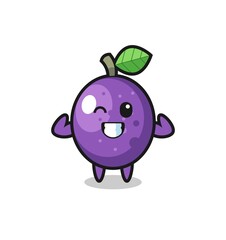 the muscular passion fruit character is posing showing his muscles