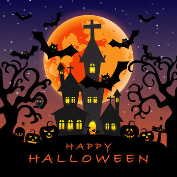 Vector for silhouette Halloween night with cute cartoon of black cat, bat, owl and spider hanging from tree beside cemetery and pumpkin with black castle under candlelight on full moon background.