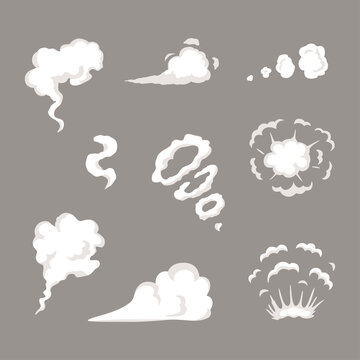 Vector smoke set special effects template. Cartoon steam clouds, puff, mist, fog, watery vapour or dust explosion.