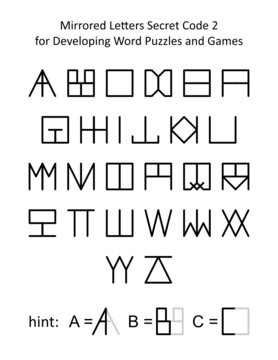 Mirrored letters secret code 2 for developing word puzzles and word games for kids and adults. Full alphabet set (English language) with hint.