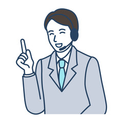 笑顔で人差し指を立てているテレフォンオペレーターの男性