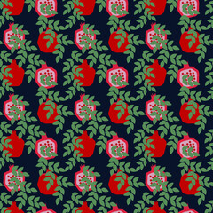 Seamless pattern with pomegranate and leaves isolated on blue. Vector illustration for card, wallpaper, textile, fabric, wrapping