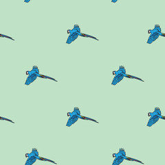 Vector green background tropical birds, parrots, macaw, exotic cockatoo birds. Seamless pattern background