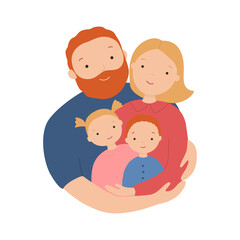 Happy family. Father, mother, son and daughter hug together. Vector illustration of a flat design