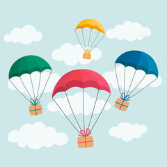 Delivery concept. Colorful parachute carrying gift boxes on light blue sky background.