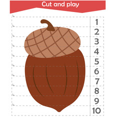   Mathematical puzzle for children. We cut and play. We count on 10. Acorn. Vector illustration