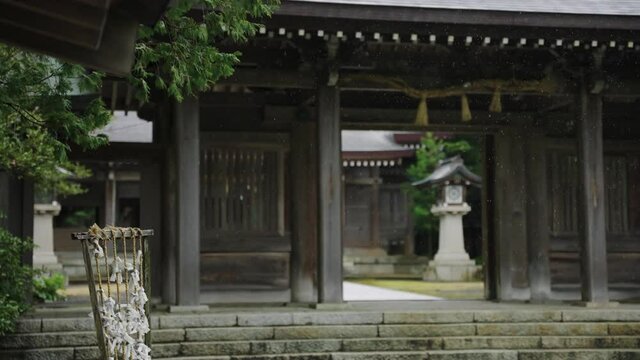 Nawa Shrine Gate in Tottori Japan, Slow Motion Pan on Rainy Day