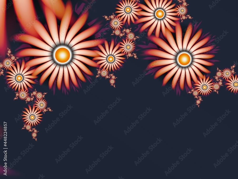 Poster fractal image with flowers on dark background.template with place for inserting your text.multicolor