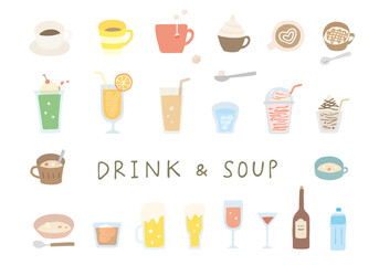 いろんな飲み物の手描きイラスト（カラー/輪郭線なし）