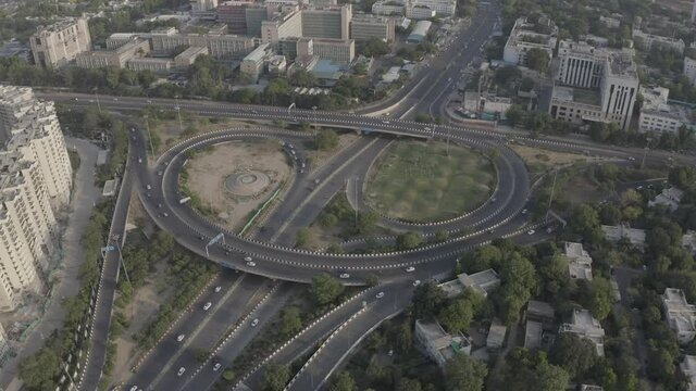 An aerial shot of the AIIMS flyover during COVID-19 lockdown in New Delhi, India