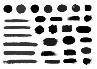 Big collection of black paint, ink brush strokes, brushes, lines. Paint background.