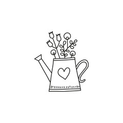 Doodle watering can with bouquet of flowers.