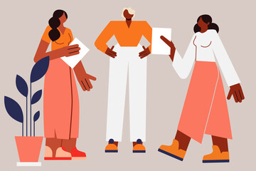 Colorful illustration of three black, brown women, girls, adults, colleagues working together, chatting, brainstorming. Concept illustration on collaboration