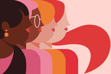 Profile of diverse female faces. Diversity and equality of woman, sisterhood, girl power concept. A group of colorful, happy girls. Minimal, geometric vector illustration