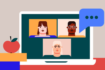 Videocall. Three people of different skin colors chatting, talking, brainstorming. Concept on communication, connection and technology. Flat design