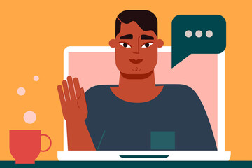 Concept on video call, online conversations. Connection, communication, relationship. Illustration of a dark-skinned man, speech bubble.