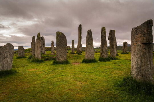 A summer 3 shot HDR image of the ancient Callinish, Calanais, Standing Stone Circle on the Isle of Lewis, Outer Hebrides, Scotland