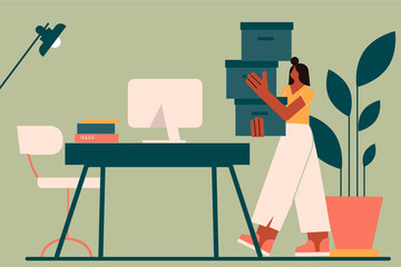 illustration of a woman carrying folders and files. Office, studio, working from home