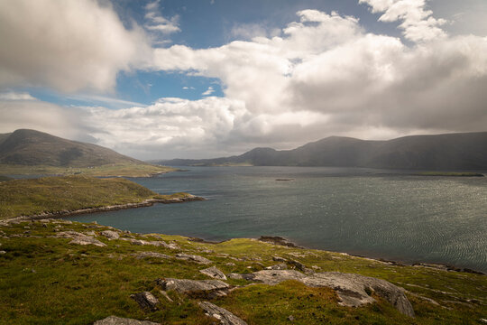 A summer 3 shot HDR image of West Loch Tarbert, Loch a Siar, from Aird am Tolmachain, Isle of Harris, Western Isles, Scotland