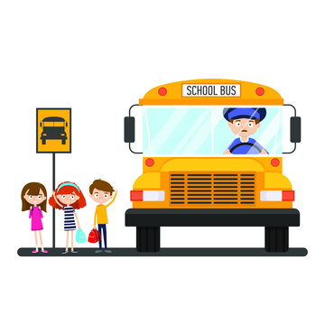 School bus with driver on the bus stop with children getting on the bus. Vector illustration