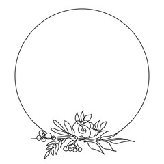 Round frame with foliage and flowers. Design with leaves, flowers. Decoration for banners, invitations, promotions, prints. Vector. Continuous line drawing. Floral arrangement sketch.
