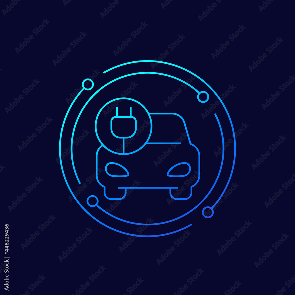 Poster car and electric plug line icon, vector