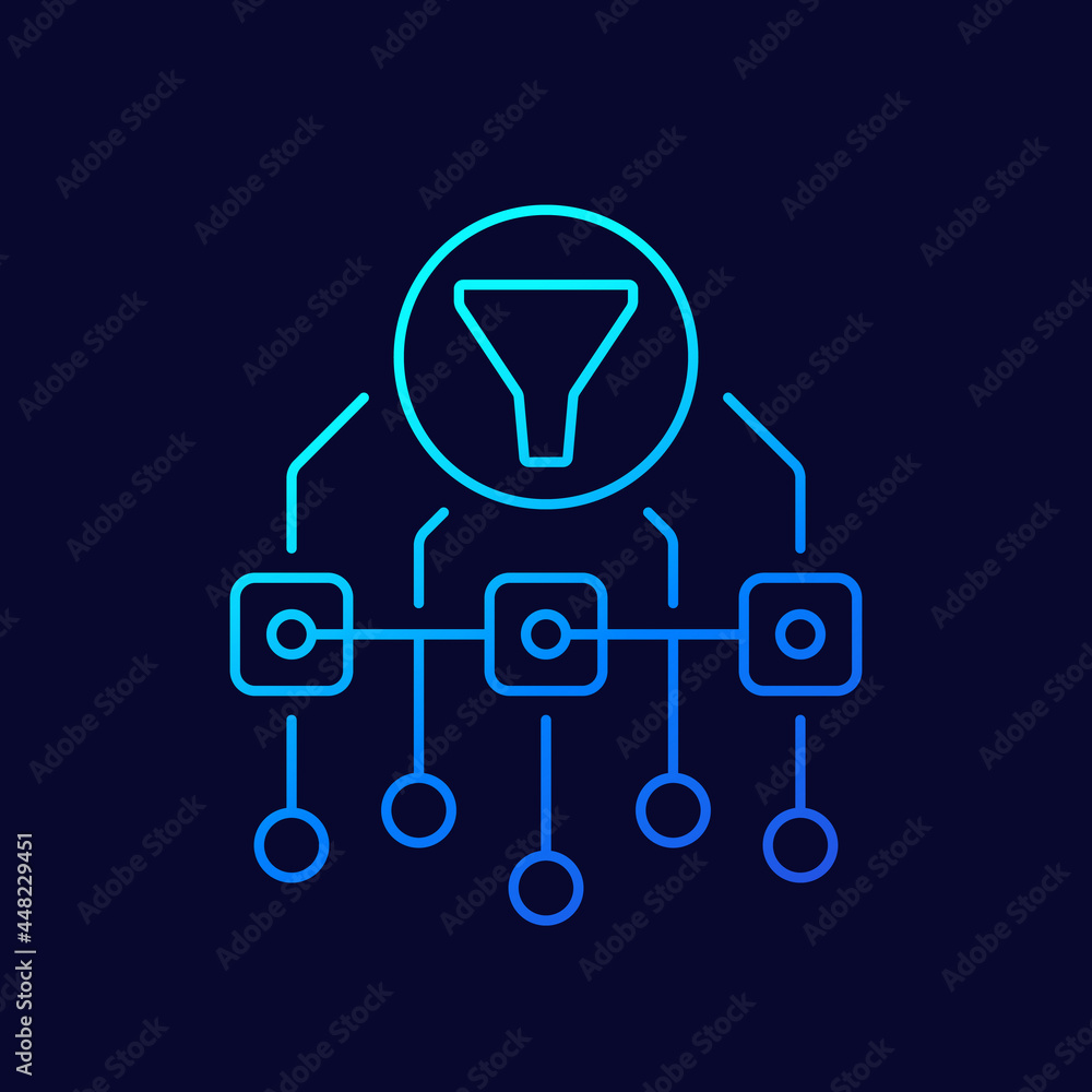 Poster data filtering line icon with funnel, vector
