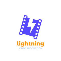 video production logo design with film strip and lightning
