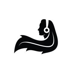 beauty young girl long hair wavy with headphone silhouette nature music logo design vector illustration