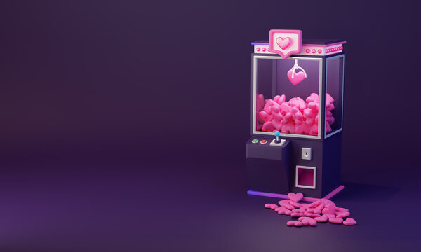 Concept for social media. Claw machine full of likes.  Arcade game. 3d render