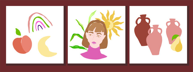Abstract women portraits in pastel colors. Collection of contemporary art posters. Abstract paper cut elements, fruits, sun, moon, pottery, abstract shapes.