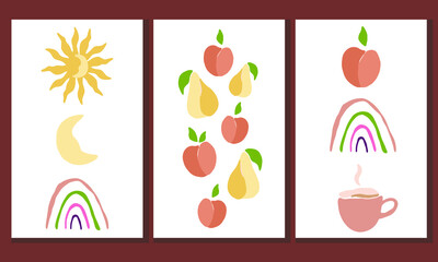 Collection of contemporary art posters. Abstract elements, fruits, sun, moon, pottery, abstract shapes.