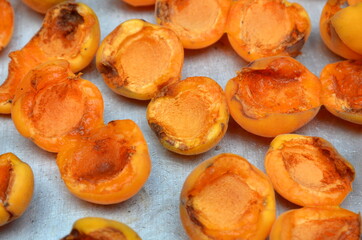 Apricots are laid on an aluminum sheet and dried in the sun.