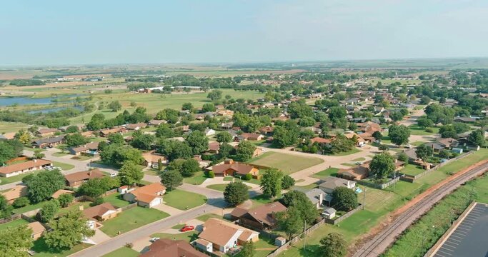 Panorama landscape scenic aerial view of a suburban settlement in a beautiful detached houses the Clinton town Oklahoma US