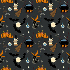 Halloween seamless pattern, background design with witch craft icons broom, cauldron, magic books, potions, pumpkins. candle, and cute cat - obrazy, fototapety, plakaty
