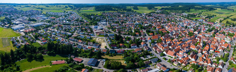 Fototapeta na wymiar Aerial view of the city Münsingen in Germany on a sunny day in Spring