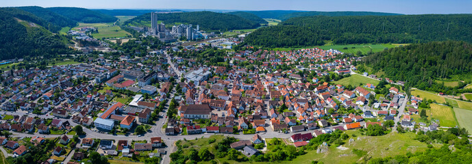 Fototapeta na wymiar Aerial view of the city Schelklingen in Germany on a sunny day in Spring