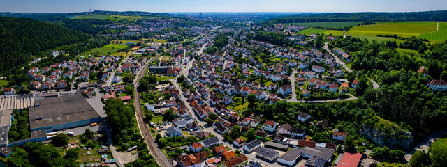 Aerial view of the city Blaustein in Germany on a sunny spring afternoon.