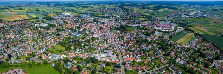 Fototapeta na wymiar Aerial view of the city Wertingen in Germany, Bavaria on a sunny high noon spring day