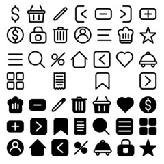 Set pixel perfect icon for food, ecommerce and shop apps or website
